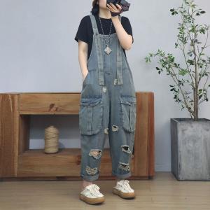 Front Big Pockets 90s Ripped Bib Overalls