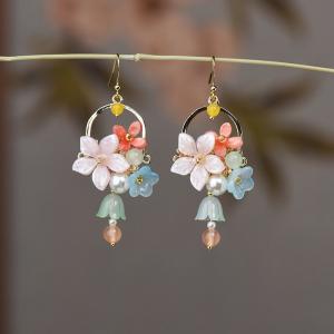 Colored Glaze Flowers and  Yellow Agate Pendant Earrings