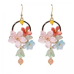 Colored Glaze Flowers and  Yellow Agate Pendant Earrings