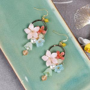 Colored Glaze Flowers and  Yellow Agate Pendant Earrings