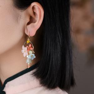 Colored Glaze Flowers and  Yellow Agate Pendant Earrings
