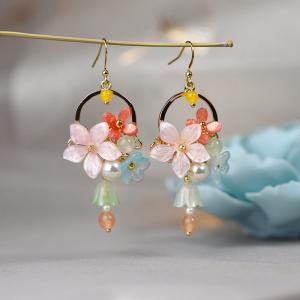 Colored Glaze Flowers and  Yellow Agate Pendant Earrings