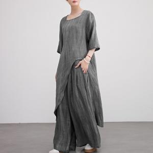 Square Neck Linen Asymmetrical Tunic with Wide Leg Pants
