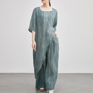 Square Neck Linen Asymmetrical Tunic with Wide Leg Pants