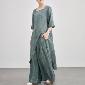 Square Neck Linen Asymmetrical Tunic with Wide Leg Pants