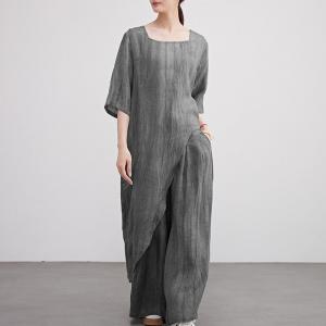 Square Neck Linen Asymmetrical Tunic with Wide Leg Pants