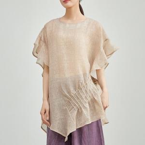 Flouncing Sleeves Pleated Cotton Sheer Blouse