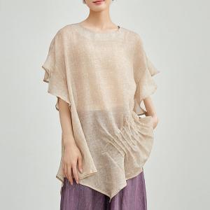 Flouncing Sleeves Pleated Cotton Sheer Blouse