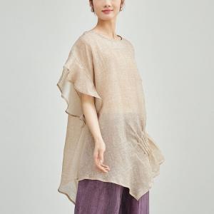 Flouncing Sleeves Pleated Cotton Sheer Blouse