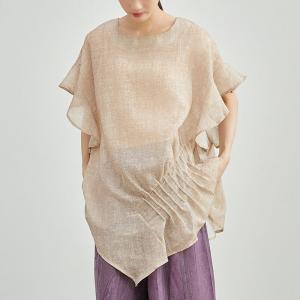 Flouncing Sleeves Pleated Cotton Sheer Blouse