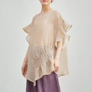 Flouncing Sleeves Pleated Cotton Sheer Blouse