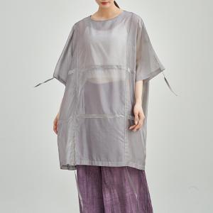 Street Style Sheer Oversized Belted Gray Tunic