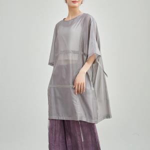 Street Style Sheer Oversized Belted Gray Tunic