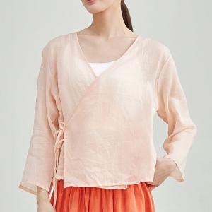 Pastel Pink V-Neck Ramie Wrap Blouse