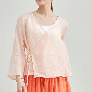 Pastel Pink V-Neck Ramie Wrap Blouse