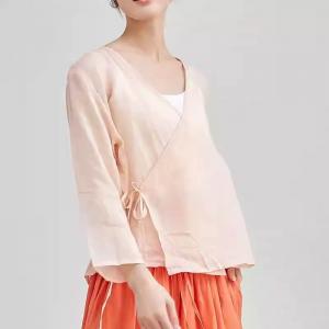 Pastel Pink V-Neck Ramie Wrap Blouse