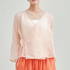 Pastel Pink V-Neck Ramie Wrap Blouse