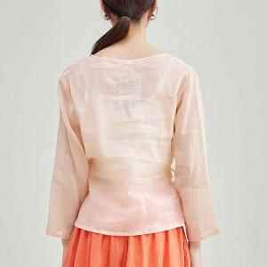 Pastel Pink V-Neck Ramie Wrap Blouse
