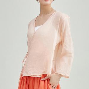 Pastel Pink V-Neck Ramie Wrap Blouse