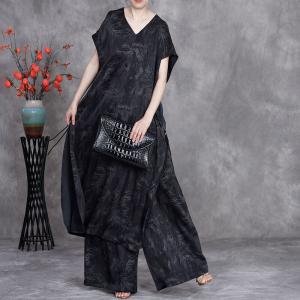 V-Neck Jacquard Tied Shift Dress with Long Palazzo Pants