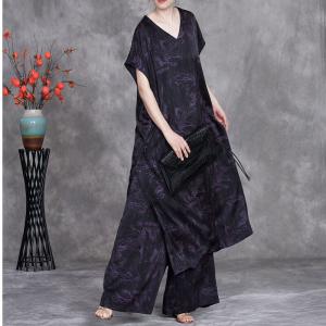 V-Neck Jacquard Tied Shift Dress with Long Palazzo Pants