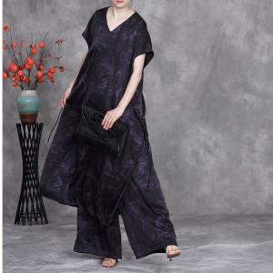 V-Neck Jacquard Tied Shift Dress with Long Palazzo Pants