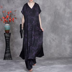 V-Neck Jacquard Tied Shift Dress with Long Palazzo Pants