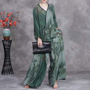 Chinese Painting Wrap Blouse with Silky Wide Leg Pants
