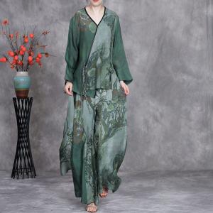Chinese Painting Wrap Blouse with Silky Wide Leg Pants