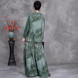 Chinese Painting Wrap Blouse with Silky Wide Leg Pants
