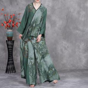 Chinese Painting Wrap Blouse with Silky Wide Leg Pants