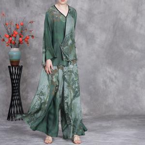 Chinese Painting Wrap Blouse with Silky Wide Leg Pants