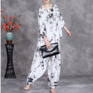 Plum Blossom White Blouse with Tapered Pant Sets
