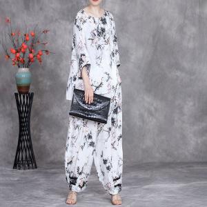 Plum Blossom White Blouse with Tapered Pant Sets