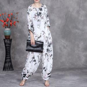 Plum Blossom White Blouse with Tapered Pant Sets