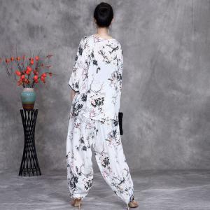 Plum Blossom White Blouse with Tapered Pant Sets