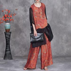 Black Sheer Hem Silk Tunic with Printed Long Pants
