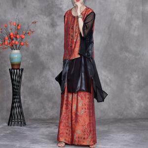 Black Sheer Hem Silk Tunic with Printed Long Pants