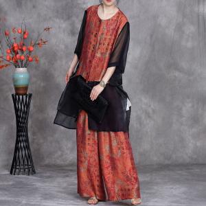 Black Sheer Hem Silk Tunic with Printed Long Pants
