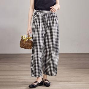 Cottagecore Style Black Plaids Cotton Linen Pants