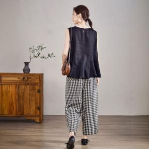 Cottagecore Style Black Plaids Cotton Linen Pants