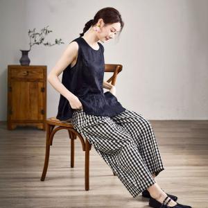 Cottagecore Style Black Plaids Cotton Linen Pants