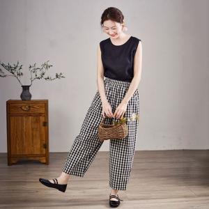 Cottagecore Style Black Plaids Cotton Linen Pants