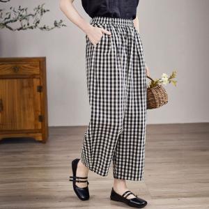 Cottagecore Style Black Plaids Cotton Linen Pants