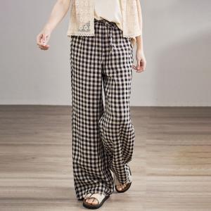 High Waist Casual Black Plaid Linen Wide Leg Pants
