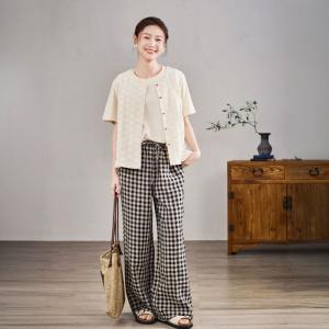 High Waist Casual Black Plaid Linen Wide Leg Pants