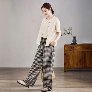 High Waist Casual Black Plaid Linen Wide Leg Pants