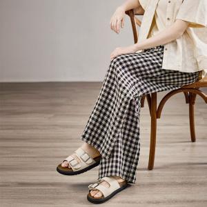 High Waist Casual Black Plaid Linen Wide Leg Pants