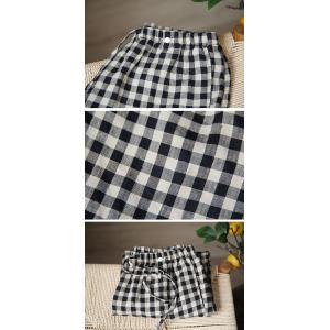 High Waist Casual Black Plaid Linen Wide Leg Pants