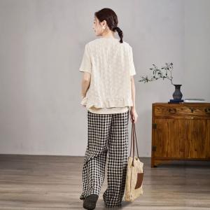 High Waist Casual Black Plaid Linen Wide Leg Pants
